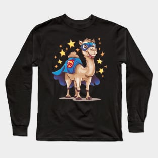 Creative and humorous vector print of a Bactrian camel, wearing a superhero cape and mask, standing confidently with a cheerful smile. (3) Long Sleeve T-Shirt